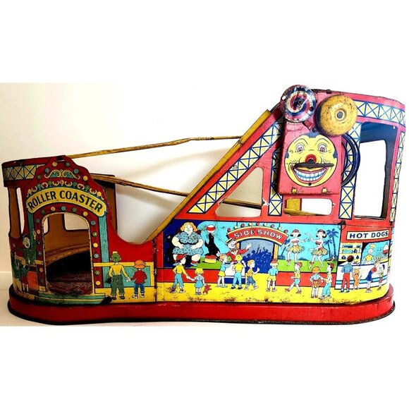 1940-50s J. Chein Tin Litho Wind Up Rollercoaster Toy Antique Circus INVRM - Picture 10 of 10